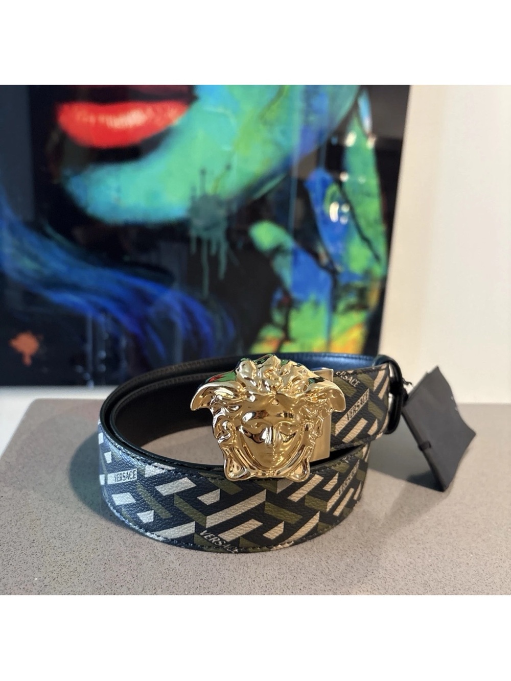 Versace Belt Reversable black, green and beige Gold Medusa Buckle 85/34